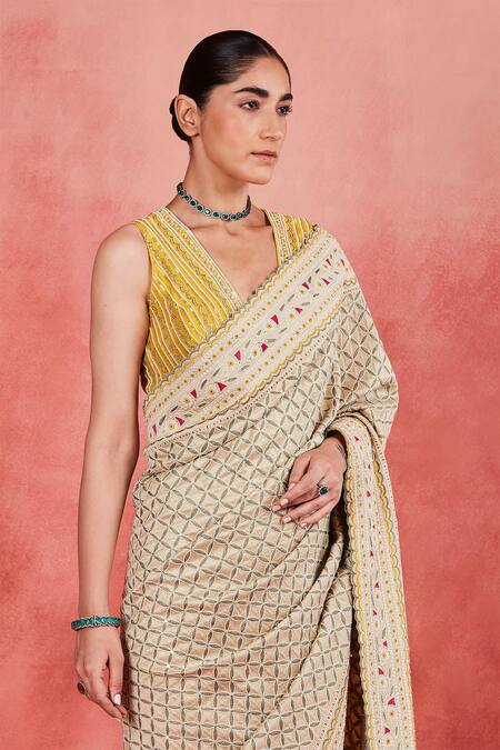 Buy_Sue Mue_Beige Silk, Ramie Pearls, Sequins Plunge Maheen Embroidered Saree With Blouse _Online_at_Aza_Fashions
