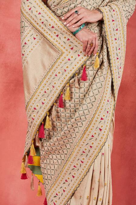 Shop_Sue Mue_Beige Silk, Ramie Pearls, Sequins Plunge Maheen Embroidered Saree With Blouse _Online_at_Aza_Fashions