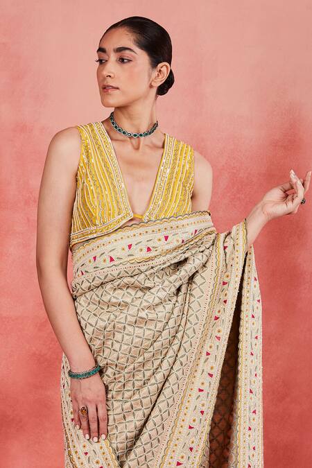 Sue Mue_Beige Silk, Ramie Pearls, Sequins Plunge Maheen Embroidered Saree With Blouse _at_Aza_Fashions