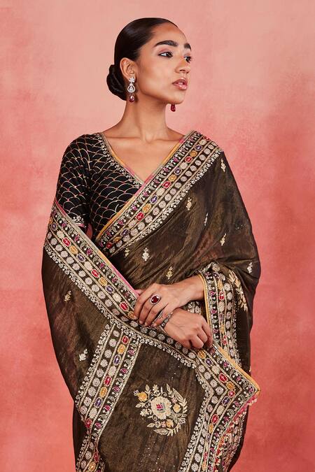 Buy Sue Mue Black Ramie, Silk Embroidery, Sequins, Pearls, Rizwana Floral Saree With Blouse Online at Aza Fashions Buy_Sue Mue_Black Ramie, Silk Embroidery, Sequins, Pearls, Rizwana Floral Saree With Blouse _Online_at_Aza_Fashions