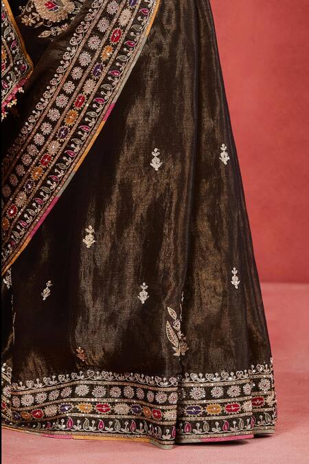 Shop Sue Mue Black Ramie, Silk Embroidery, Sequins, Pearls, Rizwana Floral Saree With Blouse Online at Aza Fashions Shop_Sue Mue_Black Ramie, Silk Embroidery, Sequins, Pearls, Rizwana Floral Saree With Blouse _Online_at_Aza_Fashions