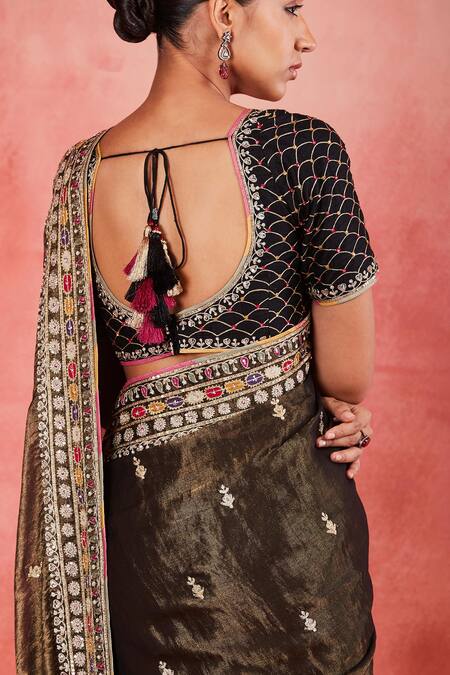 Sue Mue Black Ramie, Silk Embroidery, Sequins, Pearls, Rizwana Floral Saree With Blouse at Aza Fashions Sue Mue_Black Ramie, Silk Embroidery, Sequins, Pearls, Rizwana Floral Saree With Blouse _at_Aza_Fashions