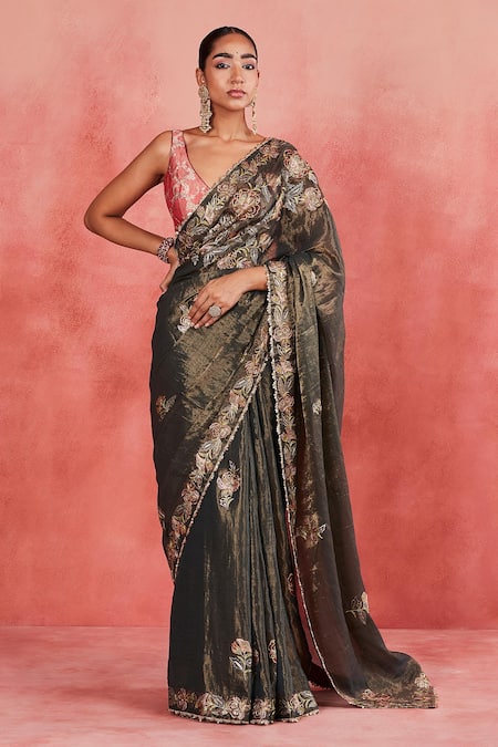 Sue Mue Najida Floral Jaal Embroidered Saree With Blouse 