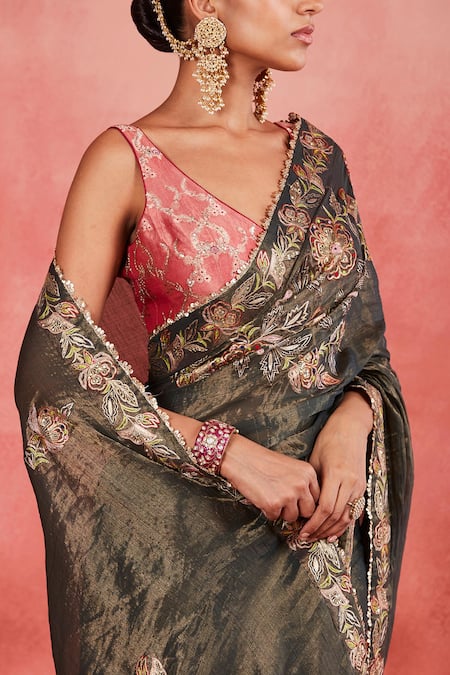 Buy Sue Mue Green Brocade, Handloom Cotton, Silk Lace, Najida Floral Jaal Saree With Blouse Online at Aza Fashions Buy_Sue Mue_Green Brocade, Handloom Cotton, Silk Lace, Najida Floral Jaal Saree With Blouse _Online_at_Aza_Fashions