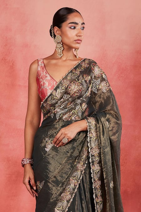 Shop Sue Mue Green Brocade, Handloom Cotton, Silk Lace, Najida Floral Jaal Saree With Blouse Online at Aza Fashions Shop_Sue Mue_Green Brocade, Handloom Cotton, Silk Lace, Najida Floral Jaal Saree With Blouse _Online_at_Aza_Fashions