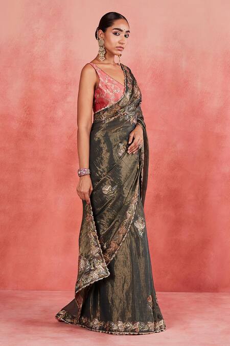 Sue Mue Green Brocade, Handloom Cotton, Silk Lace, Najida Floral Jaal Saree With Blouse at Aza Fashions Sue Mue_Green Brocade, Handloom Cotton, Silk Lace, Najida Floral Jaal Saree With Blouse _at_Aza_Fashions