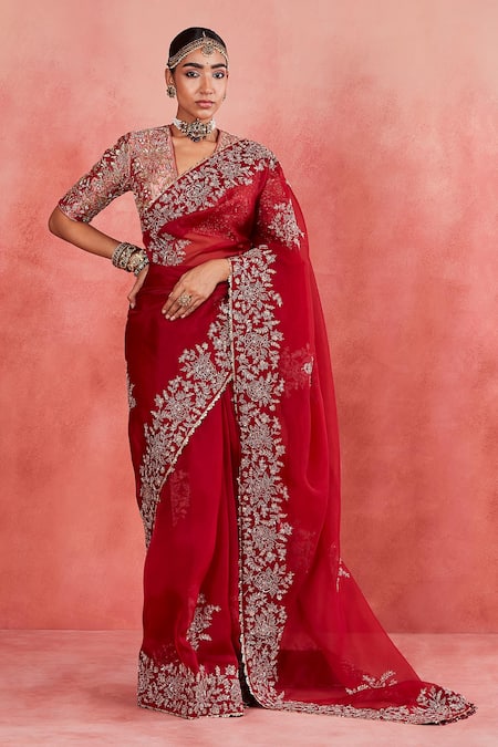 Sue Mue Red Pure Silk Organza Embroidered Floral Jaal V Neck Hadiya Saree With Blouse 