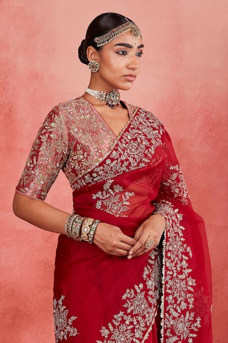 Sue Mue Red , Organza Pearls, Hadiya Floral Jaal Embroidered Saree With Blouse Online at Aza Fashions Sue Mue_Red , Organza Pearls, Hadiya Floral Jaal Embroidered Saree With Blouse _Online_at_Aza_Fashions
