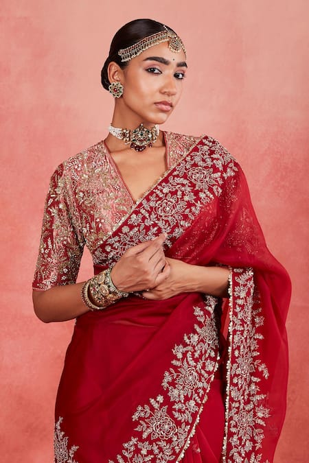 Buy Sue Mue Red , Organza Pearls, Hadiya Floral Jaal Embroidered Saree With Blouse Online at Aza Fashions Buy_Sue Mue_Red , Organza Pearls, Hadiya Floral Jaal Embroidered Saree With Blouse _Online_at_Aza_Fashions