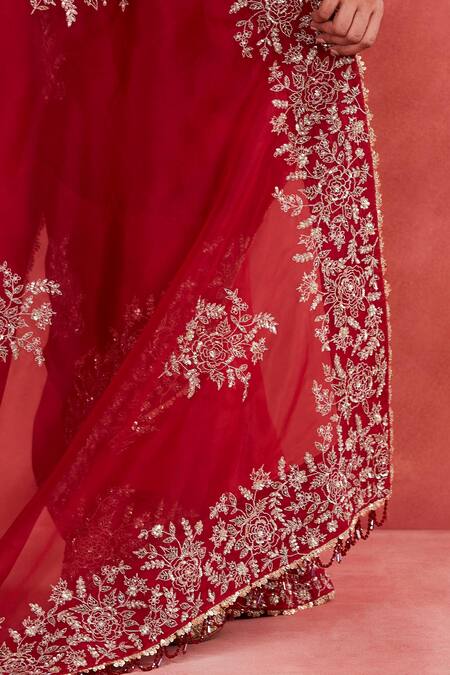 Shop Sue Mue Red , Organza Pearls, Hadiya Floral Jaal Embroidered Saree With Blouse Online at Aza Fashions Shop_Sue Mue_Red , Organza Pearls, Hadiya Floral Jaal Embroidered Saree With Blouse _Online_at_Aza_Fashions