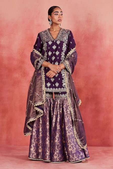 Sue Mue Purple Rawsilk Embroidered Zari V Neck Atika Kurta Gharara Set 