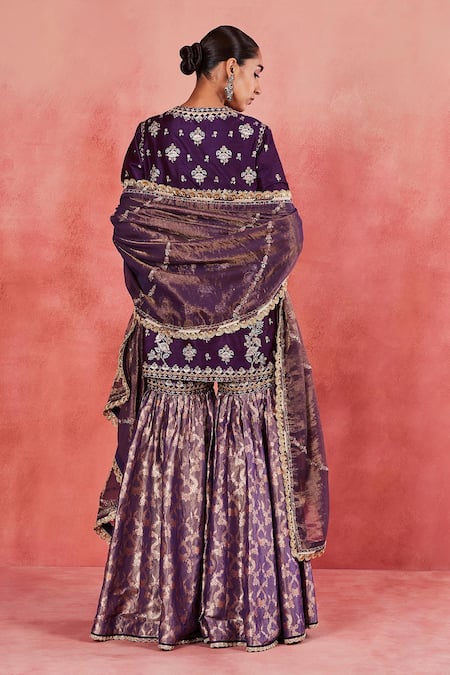 Sue Mue Purple Ramie, Handloom Cotton, Brocade Sequins, Lace, Atika Kurta Gharara Set Online at Aza Fashions Sue Mue_Purple Ramie, Handloom Cotton, Brocade Sequins, Lace, Atika Kurta Gharara Set _Online_at_Aza_Fashions
