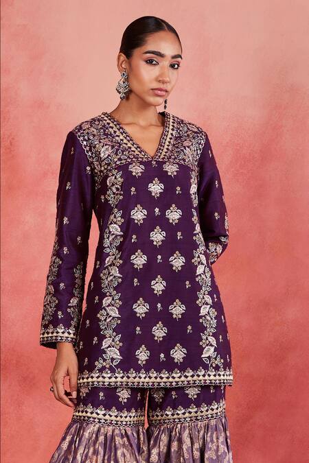 Buy Sue Mue Purple Ramie, Handloom Cotton, Brocade Sequins, Lace, Atika Kurta Gharara Set Online at Aza Fashions Buy_Sue Mue_Purple Ramie, Handloom Cotton, Brocade Sequins, Lace, Atika Kurta Gharara Set _Online_at_Aza_Fashions