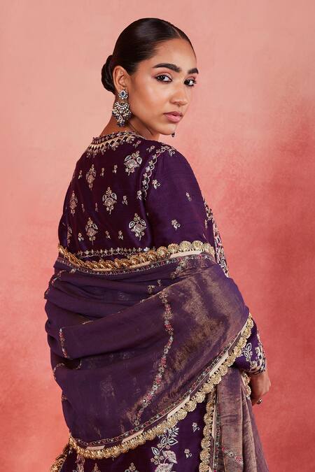 Shop Sue Mue Purple Ramie, Handloom Cotton, Brocade Sequins, Lace, Atika Kurta Gharara Set Online at Aza Fashions Shop_Sue Mue_Purple Ramie, Handloom Cotton, Brocade Sequins, Lace, Atika Kurta Gharara Set _Online_at_Aza_Fashions