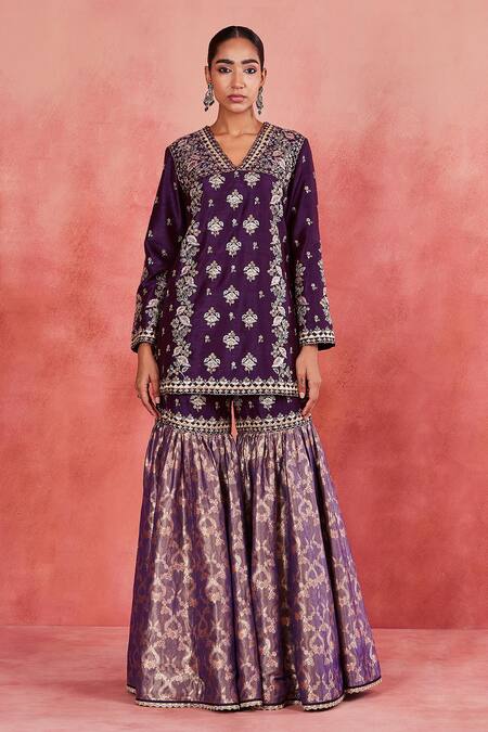 Buy Sue Mue Purple Ramie, Handloom Cotton, Brocade Sequins, Lace, Atika Kurta Gharara Set Buy_Sue Mue_Purple Ramie, Handloom Cotton, Brocade Sequins, Lace, Atika Kurta Gharara Set