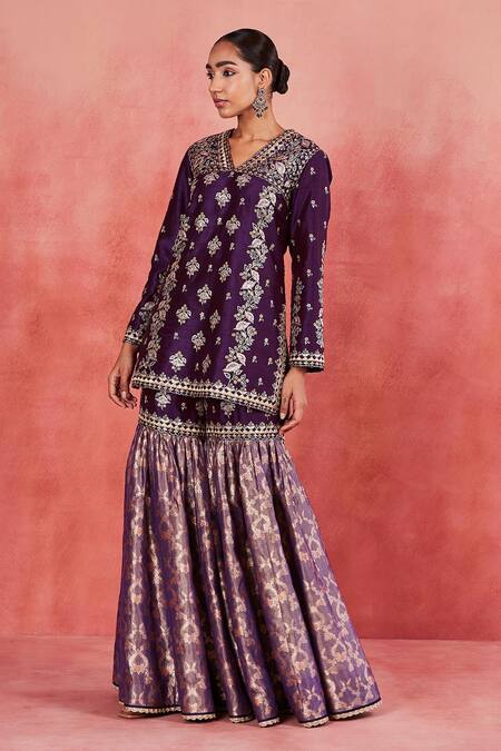 Shop Sue Mue Purple Ramie, Handloom Cotton, Brocade Sequins, Lace, Atika Kurta Gharara Set Shop_Sue Mue_Purple Ramie, Handloom Cotton, Brocade Sequins, Lace, Atika Kurta Gharara Set