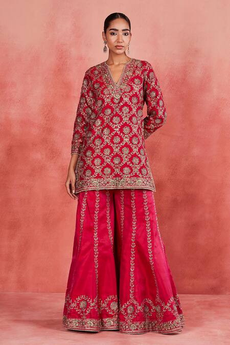 Buy Sue Mue Pink Ramie, Silk, , Handloom Aneesa Floral Kurta Sharara Set Buy_Sue Mue_Pink Ramie, Silk, , Handloom Aneesa Floral Kurta Sharara Set