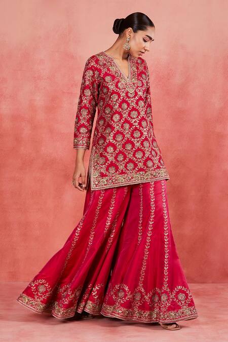 Shop Sue Mue Pink Ramie, Silk, , Handloom Aneesa Floral Kurta Sharara Set Shop_Sue Mue_Pink Ramie, Silk, , Handloom Aneesa Floral Kurta Sharara Set