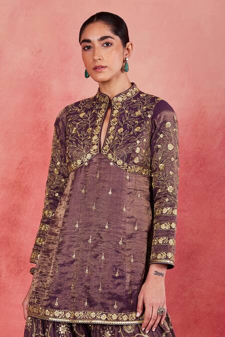 Sue Mue Purple Silk Organza, Handloom Cotton Lace, Adeela Floral Jaal Kurta Sharara Set Online at Aza Fashions Sue Mue_Purple Silk Organza, Handloom Cotton Lace, Adeela Floral Jaal Kurta Sharara Set _Online_at_Aza_Fashions