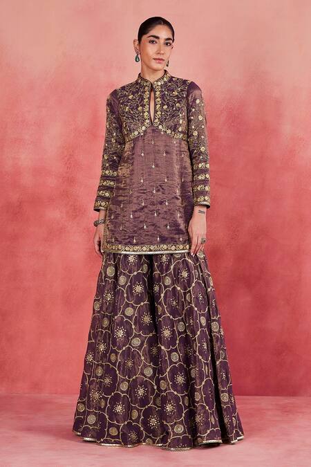 Sue Mue Purple Silk Organza, Handloom Cotton Lace, Adeela Floral Jaal Kurta Sharara Set at Aza Fashions Sue Mue_Purple Silk Organza, Handloom Cotton Lace, Adeela Floral Jaal Kurta Sharara Set _at_Aza_Fashions