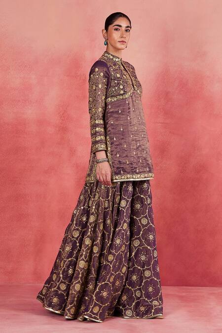 Buy Sue Mue Purple Silk Organza, Handloom Cotton Lace, Adeela Floral Jaal Kurta Sharara Set Buy_Sue Mue_Purple Silk Organza, Handloom Cotton Lace, Adeela Floral Jaal Kurta Sharara Set