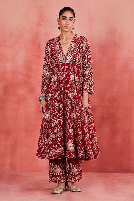 Buy Sue Mue Red , Organza Sequins, Beads, Embroidery Aisha Floral Anarkali Set Buy_Sue Mue_Red , Organza Sequins, Beads, Embroidery Aisha Floral Anarkali Set