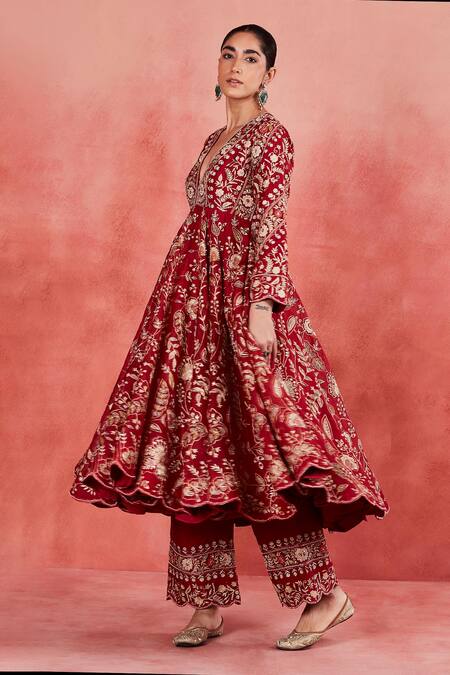 Shop Sue Mue Red , Organza Sequins, Beads, Embroidery Aisha Floral Anarkali Set Shop_Sue Mue_Red , Organza Sequins, Beads, Embroidery Aisha Floral Anarkali Set