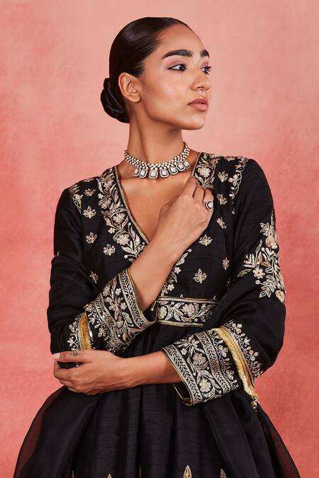 Buy Sue Mue Black Silk Organza, Ramie Sequins, Beads, Baseema Floral Jaal Anarkali Set Online at Aza Fashions Buy_Sue Mue_Black Silk Organza, Ramie Sequins, Beads, Baseema Floral Jaal Anarkali Set _Online_at_Aza_Fashions
