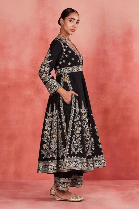 Buy Sue Mue Black Silk Organza, Ramie Sequins, Beads, Baseema Floral Jaal Anarkali Set Buy_Sue Mue_Black Silk Organza, Ramie Sequins, Beads, Baseema Floral Jaal Anarkali Set