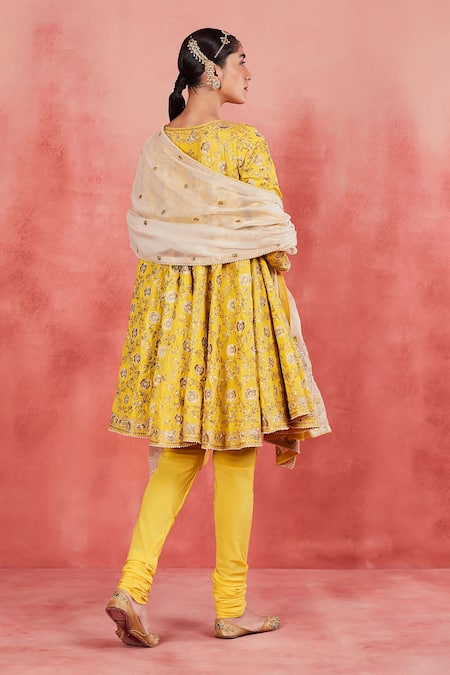 Shop Sue Mue Yellow Silk, Cotton, Lycra Sequins, Beads Bushra Floral Jaal Short Anarkali Set at Aza Fashions Shop_Sue Mue_Yellow Silk, Cotton, Lycra Sequins, Beads Bushra Floral Jaal Short Anarkali Set _at_Aza_Fashions
