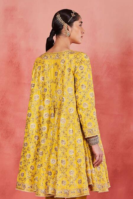 Shop Sue Mue Yellow Silk, Cotton, Lycra Sequins, Beads Bushra Floral Jaal Short Anarkali Set Online at Aza Fashions Shop_Sue Mue_Yellow Silk, Cotton, Lycra Sequins, Beads Bushra Floral Jaal Short Anarkali Set _Online_at_Aza_Fashions
