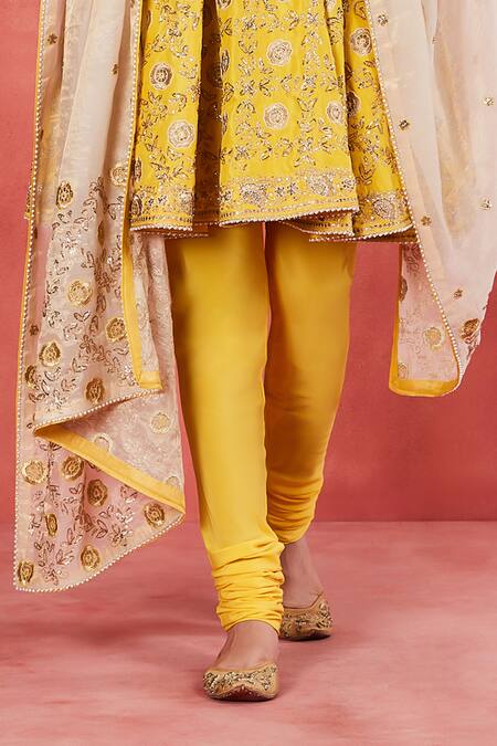 Buy Sue Mue Yellow Silk, Cotton, Lycra Sequins, Beads Bushra Floral Jaal Short Anarkali Set Buy_Sue Mue_Yellow Silk, Cotton, Lycra Sequins, Beads Bushra Floral Jaal Short Anarkali Set