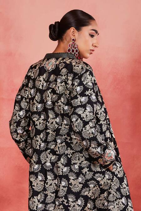 Shop Sue Mue Black Silk, , Handloom Zari, Hanifa Floral Jacket And Palazzo Set Online at Aza Fashions Shop_Sue Mue_Black Silk, , Handloom Zari, Hanifa Floral Jacket And Palazzo Set _Online_at_Aza_Fashions