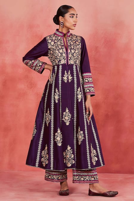 Sue Mue Purple Rawsilk Embroidered Zari Stand Collar Haniya Jacket Anarkali With Pant 