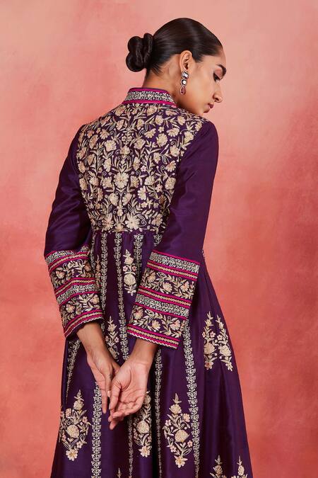 Sue Mue Purple Ramie, Silk Embroidery, Sequins Haniya Jacket Anarkali With Pant at Aza Fashions Sue Mue_Purple Ramie, Silk Embroidery, Sequins Haniya Jacket Anarkali With Pant _at_Aza_Fashions
