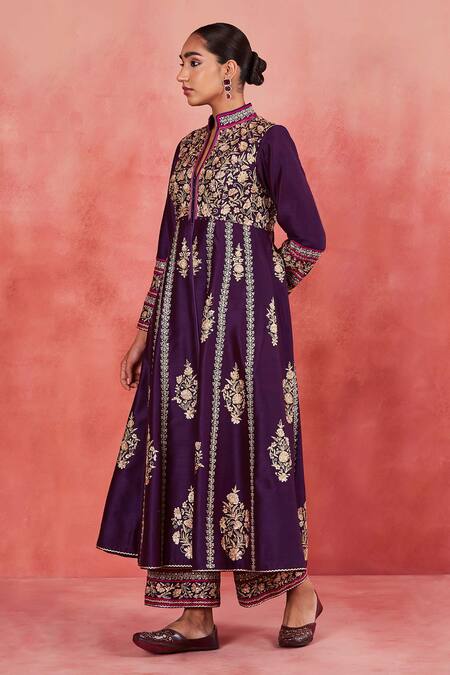 Buy Sue Mue Purple Ramie, Silk Embroidery, Sequins Haniya Jacket Anarkali With Pant Buy_Sue Mue_Purple Ramie, Silk Embroidery, Sequins Haniya Jacket Anarkali With Pant