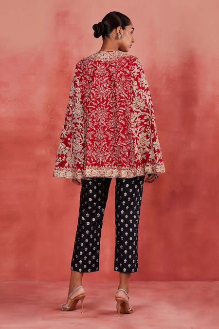 Shop Sue Mue Pink Silk Sequins, Pearls, Embroidery Jamila Floral Jaal Cape And Pant Set at Aza Fashions Shop_Sue Mue_Pink Silk Sequins, Pearls, Embroidery Jamila Floral Jaal Cape And Pant Set _at_Aza_Fashions