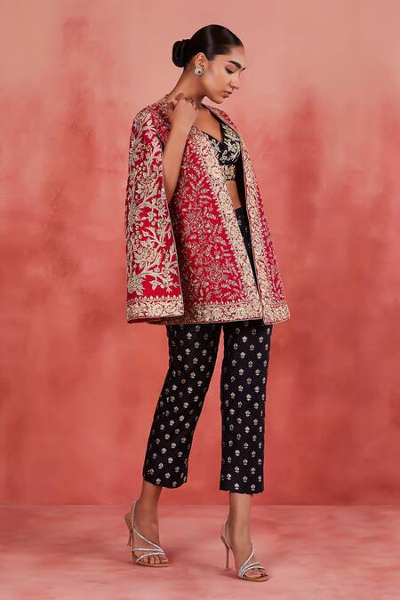 Buy Sue Mue Pink Silk Sequins, Pearls, Embroidery Jamila Floral Jaal Cape And Pant Set Buy_Sue Mue_Pink Silk Sequins, Pearls, Embroidery Jamila Floral Jaal Cape And Pant Set