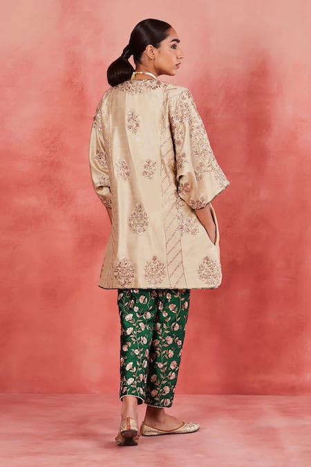 Sue Mue Beige Zari Embroidered Kaftan Pant Set 