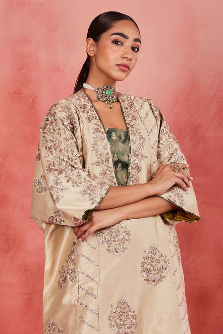 Sue Mue_Beige Brocade, Silk, Ramie Sequins, Embroidery Plunge Neck Zari Kaftan Pant Set _Online_at_Aza_Fashions