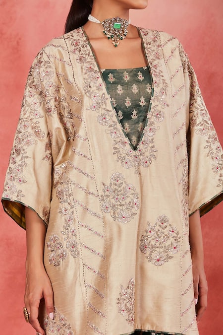 Buy_Sue Mue_Beige Brocade, Silk, Ramie Sequins, Embroidery Plunge Neck Zari Kaftan Pant Set _Online_at_Aza_Fashions