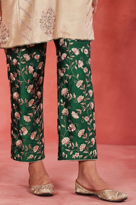 Shop_Sue Mue_Beige Brocade, Silk, Ramie Sequins, Embroidery Plunge Neck Zari Kaftan Pant Set _Online_at_Aza_Fashions