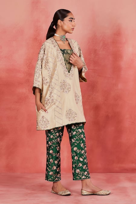Sue Mue_Beige Brocade, Silk, Ramie Sequins, Embroidery Plunge Neck Zari Kaftan Pant Set _at_Aza_Fashions