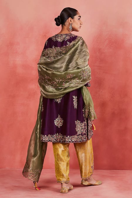 Sue Mue_Purple Handloom Cotton, Silk, Brocade Embroidery, Maira Aari Floral Kurta Set _Online_at_Aza_Fashions