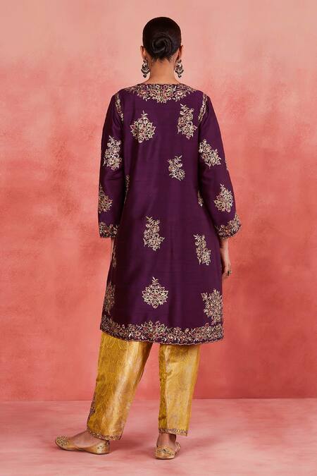 Buy_Sue Mue_Purple Handloom Cotton, Silk, Brocade Embroidery, Maira Aari Floral Kurta Set _Online_at_Aza_Fashions