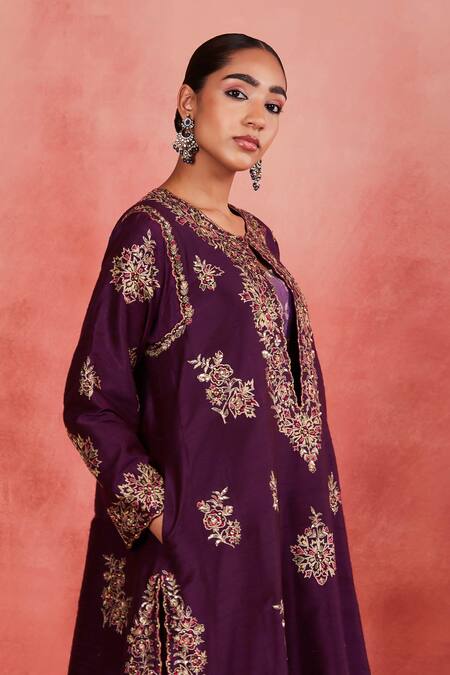 Shop_Sue Mue_Purple Handloom Cotton, Silk, Brocade Embroidery, Maira Aari Floral Kurta Set _Online_at_Aza_Fashions