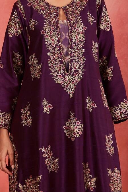 Sue Mue_Purple Handloom Cotton, Silk, Brocade Embroidery, Maira Aari Floral Kurta Set _at_Aza_Fashions