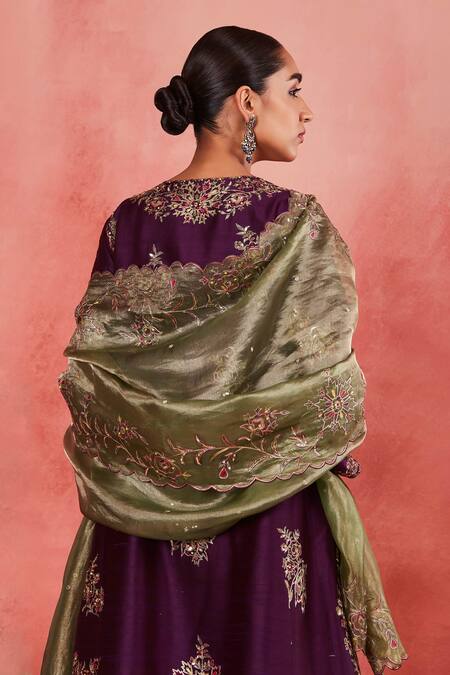 Shop_Sue Mue_Purple Handloom Cotton, Silk, Brocade Embroidery, Maira Aari Floral Kurta Set 