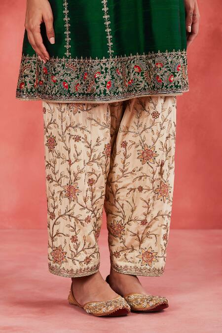 Sue Mue_Green Silk, Handloom Cotton Pearls, Nusrat Zari Short Panelled Kurta Set _at_Aza_Fashions