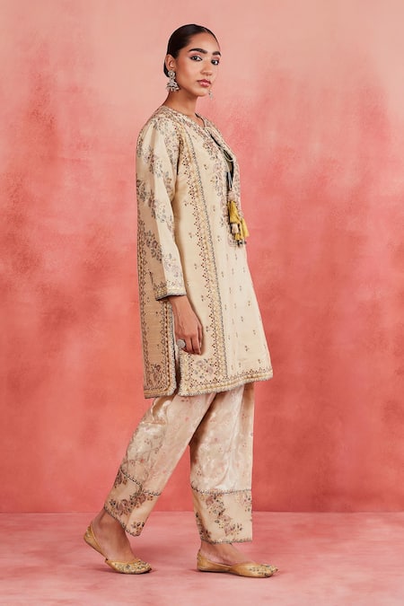 Buy Sue Mue Beige Silk, Handloom Cotton, Brocade Noushin Zari Floral Kurta Salwar Set Buy_Sue Mue_Beige Silk, Handloom Cotton, Brocade Noushin Zari Floral Kurta Salwar Set